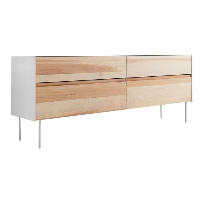 Modern white and natural wood sideboard with smooth, minimalist design and sleek, light-colored finishes.