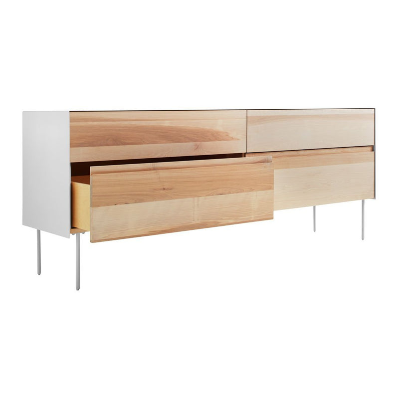 Modern sideboard featuring a mix of natural wood tones and a sleek white finish with subtle grain patterns.