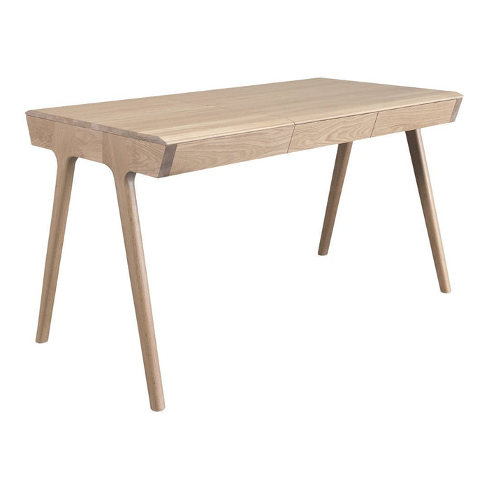 Natural wood finish desk with a smooth surface and minimalist design, featuring light beige tones and clean lines.