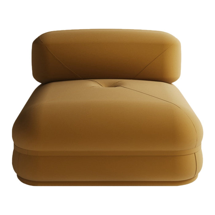 Stylish mustard yellow lounge chair with a smooth, modern design and minimalistic pattern. Perfect for contemporary spaces.