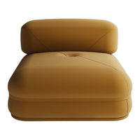 Warm mustard yellow ottoman with a smooth, minimalist design and subtle tufting details. Ideal for modern decor.
