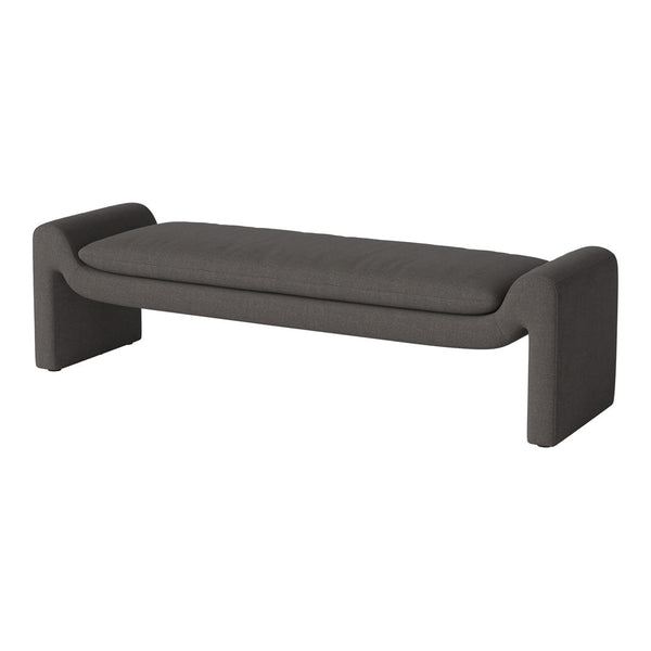 Sleek gray upholstered bench with smooth, minimalist design and soft fabric texture, perfect for modern spaces.