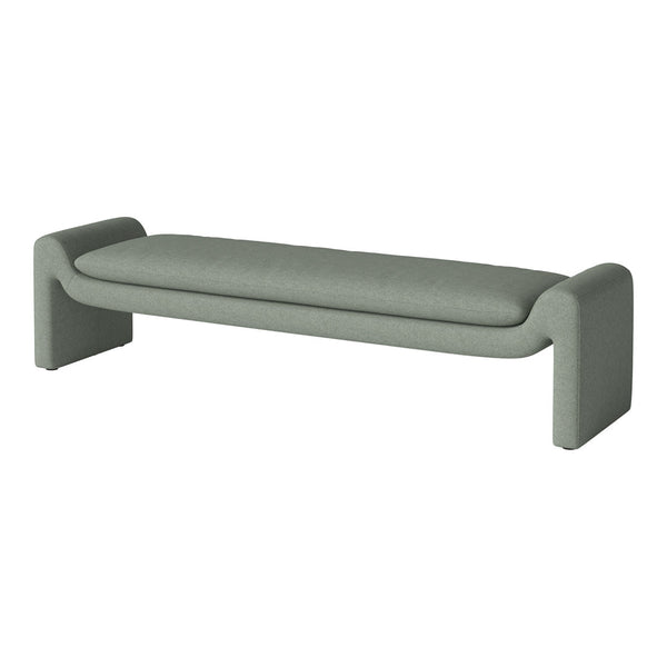 Modern green bench with a smooth fabric texture and minimalist design. Ideal for contemporary interiors.