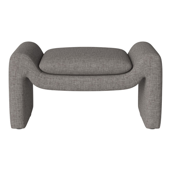Gray textured fabric ottoman with a modern, minimalist design and soft, rounded edges. Perfect for contemporary decor.