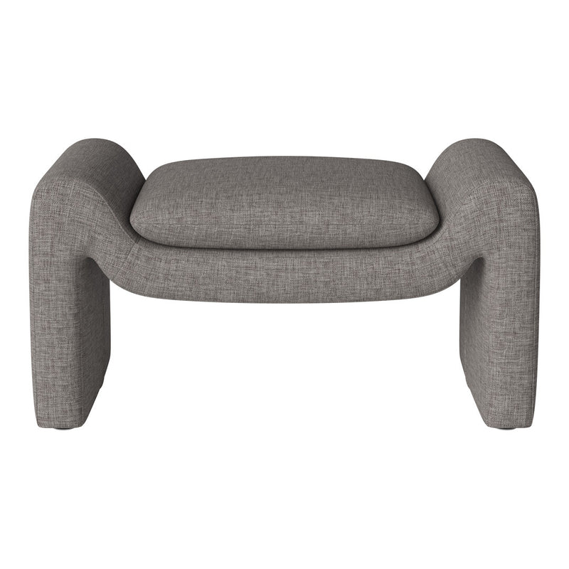 Gray textured fabric ottoman with a modern, minimalist design and soft, rounded edges. Perfect for contemporary decor.
