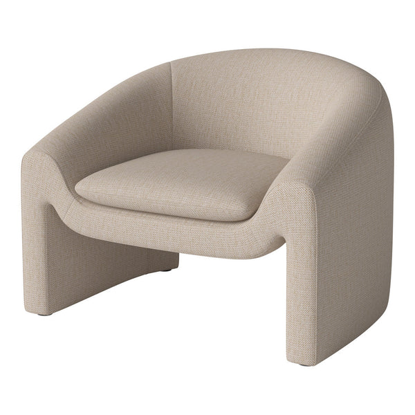 Beige upholstered armchair with a textured pattern and rounded design for a modern look.