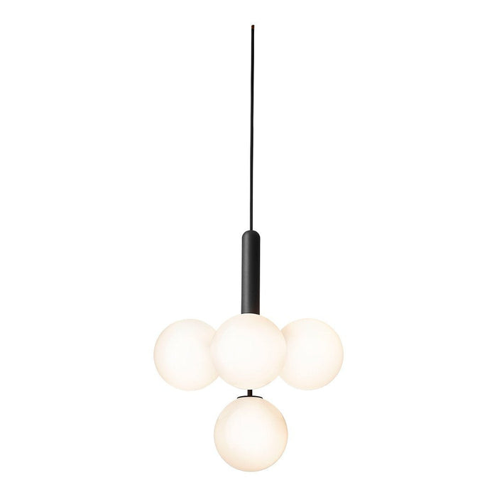 Modern pendant light with three frosted glass globes and a sleek black fixture, ideal for stylish lighting decor.