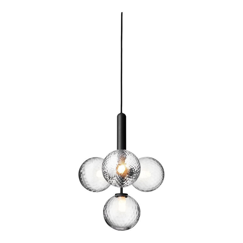Stylish pendant light featuring clear glass globes with a textured pattern, complemented by a sleek black suspension.