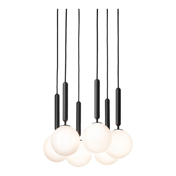 "Modern pendant lamp featuring six white globes and sleek black cables, offering a minimalist and stylish design."