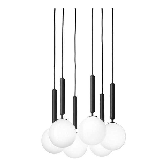 Modern pendant light with six white glass globes and sleek black cord accents, creating a minimalist aesthetic.