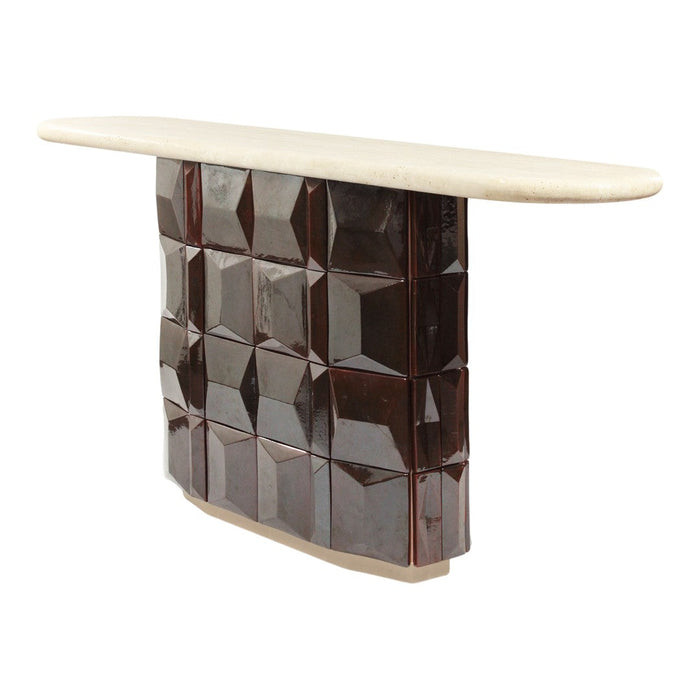 Textured brown geometric pattern with a smooth cream surface on top, creating an elegant contrast.
