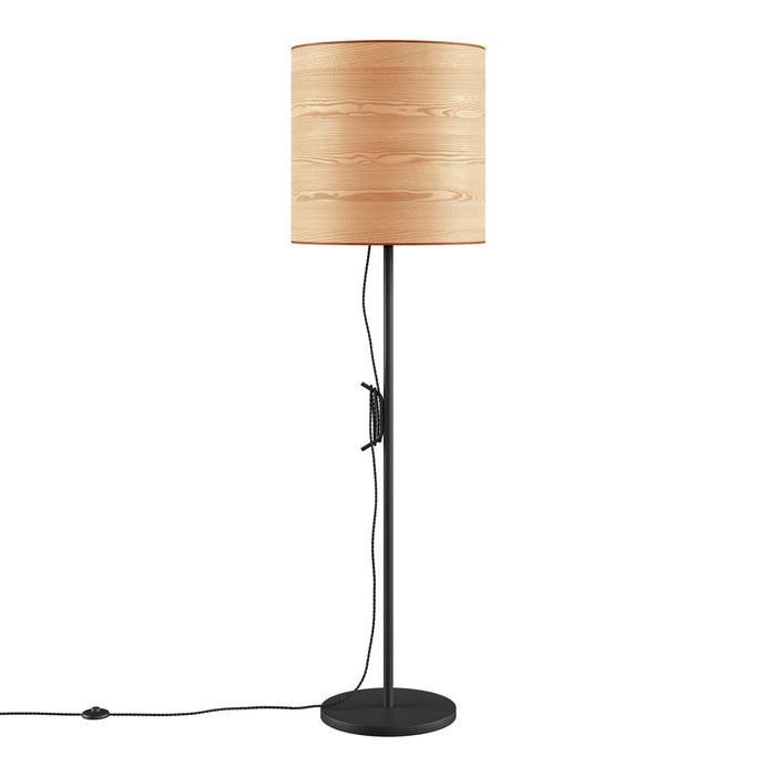 Light wooden lamp shade on a sleek black metal base with a textured cord design. Modern and stylish home accent.