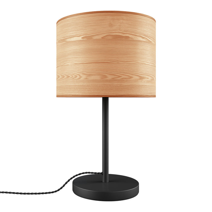 Modern lamp with a light wood grain shade and sleek black base, combining natural and contemporary elements.
