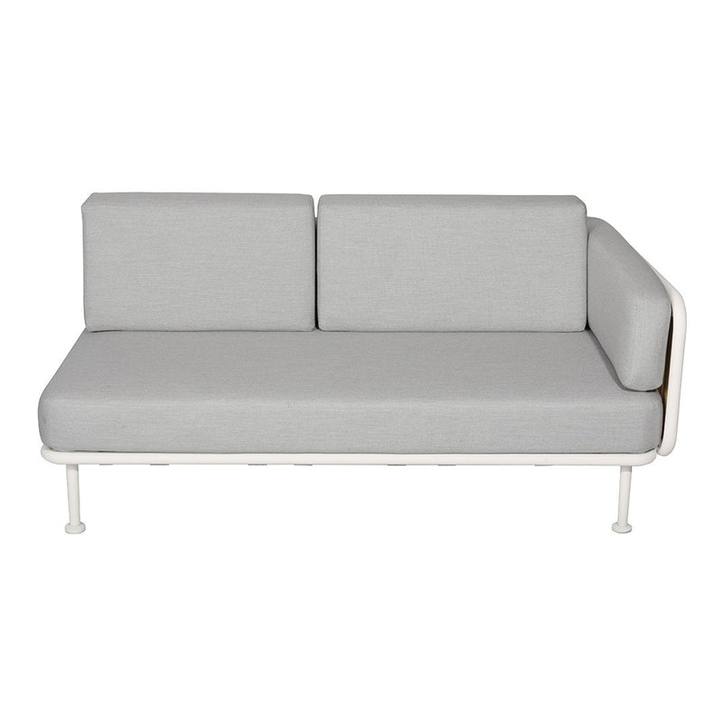 Gray upholstered sofa with minimalist design and white metal frame, featuring clean lines and modern style.