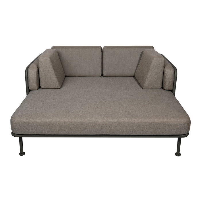 Stylish gray sofa with sleek, modern lines and a minimalist design, featuring a smooth fabric finish.