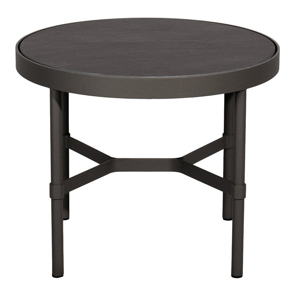 Round black coffee table with a smooth top and minimalist metal frame, featuring a sleek, modern design.