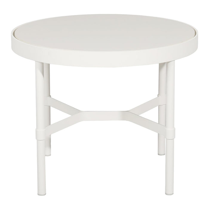 White round coffee table with a smooth finish and simple, modern legs. Perfect for minimalist decor.