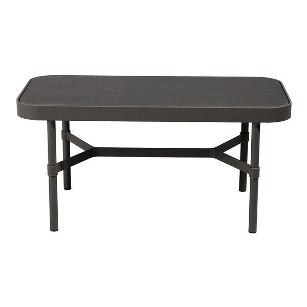 Rectangular black coffee table with a smooth surface and sturdy metal frame, featuring clean lines and contemporary style.