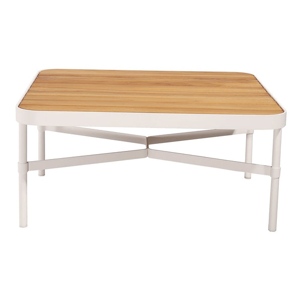 Light wood tabletop with a natural grain pattern, supported by a sleek white metal frame.