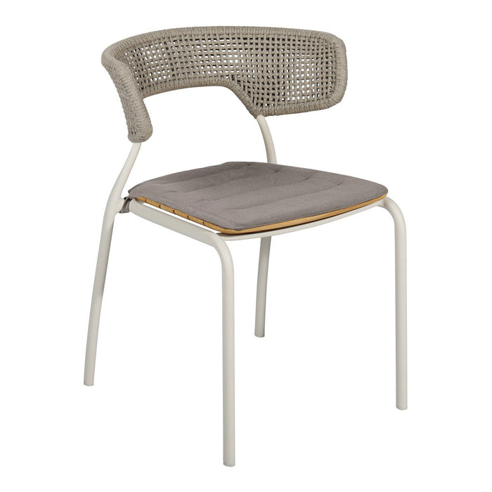 Gray woven backrest chair with a soft gray cushion and a sleek, light-colored metal frame. Modern and stylish design.