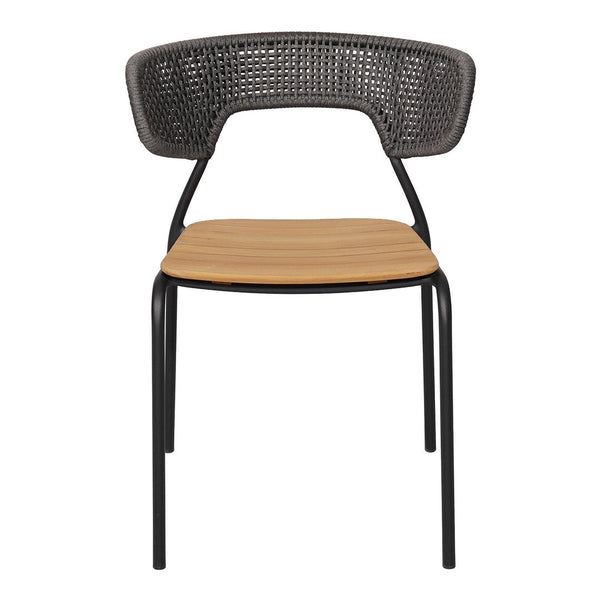 Black woven back chair with a natural wood seat and sleek metal legs, offering a modern, stylish contrast.
