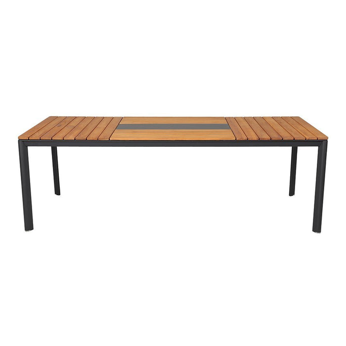 Rectangular dining table featuring a warm wood finish with black accents and a striped design for modern elegance.