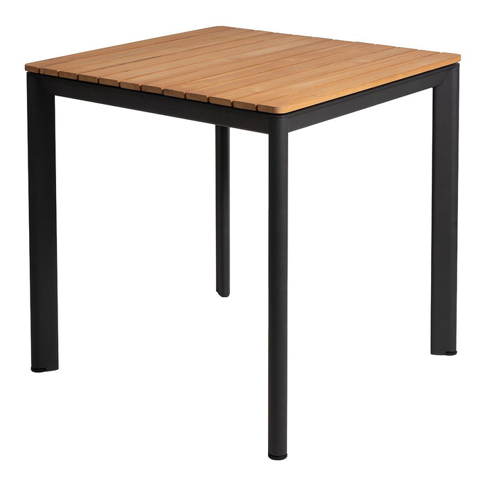 Square wooden table with a natural bamboo surface and sleek black metal legs. Modern and minimalistic design.