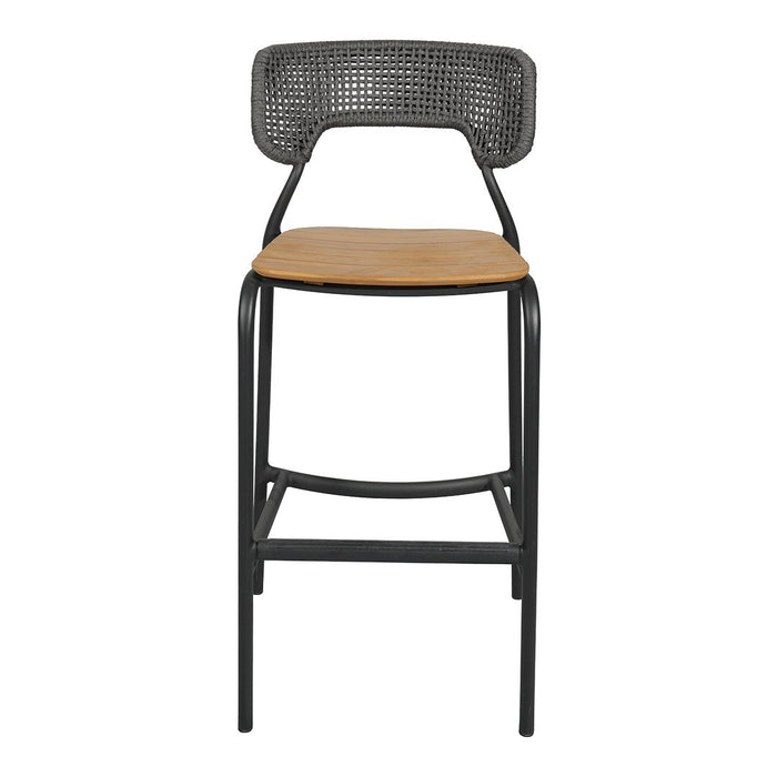 Black metal bar stool with woven back and natural wood seat. Modern, minimalist design with industrial elements.