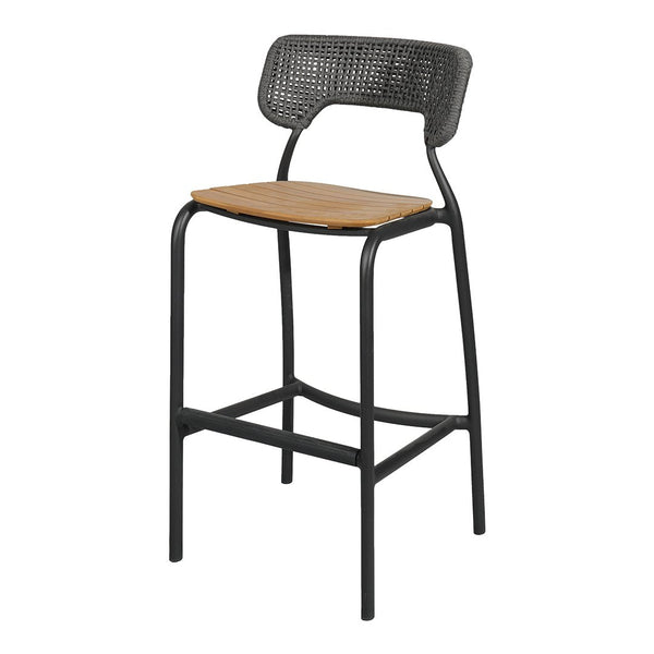 Black metal bar stool with a woven backrest and a natural wood seat. Modern and stylish design.
