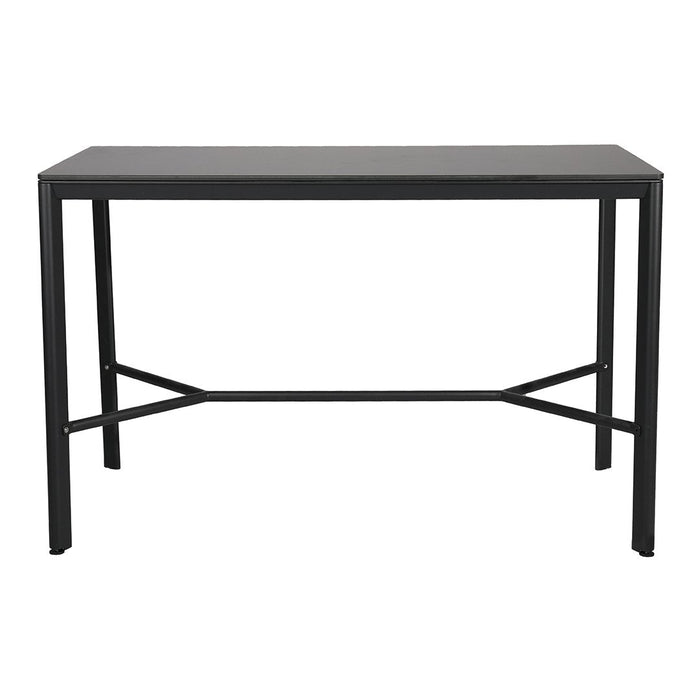Black metal table with a sleek, minimalist design and smooth surface. Ideal for modern decor.