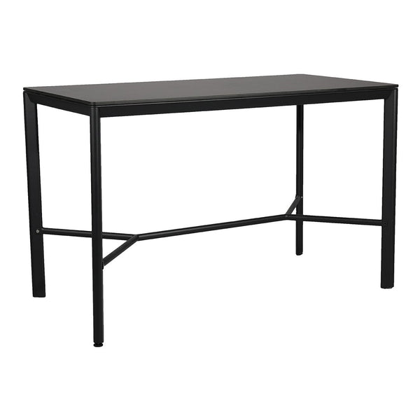 Black rectangular table with a sleek, minimalist design and a smooth surface, featuring a sturdy metal frame.