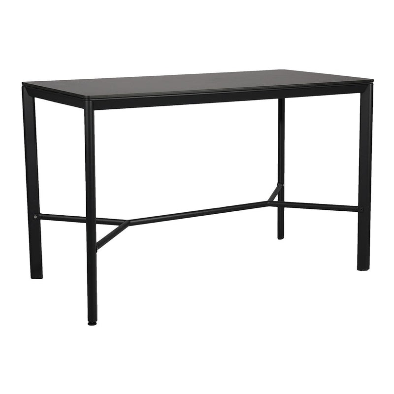 Black rectangular table with a sleek, minimalist design and a smooth surface, featuring a sturdy metal frame.
