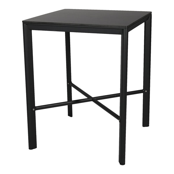 Black square table with a minimalist design and sleek metal frame, perfect for modern decor.
