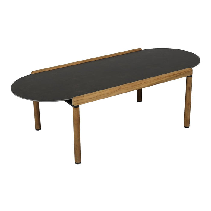 Modern oval coffee table with a sleek black top and natural wood legs, featuring a minimalist design and clean lines.