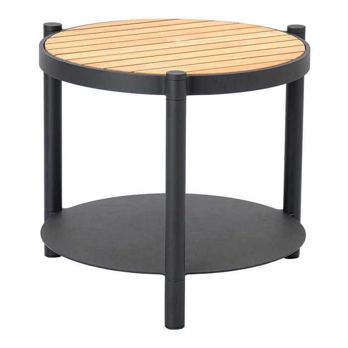 Round black side table with a slatted wooden top and circular lower shelf. Modern design with contrasting colors.