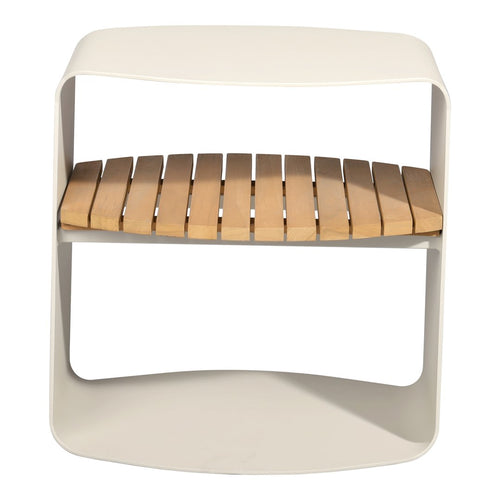 Modern cream-colored shelf with natural wood slats, featuring a minimalist design and sleek lines.