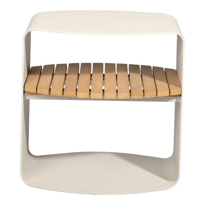 Modern cream-colored shelf with natural wood slats, featuring a minimalist design and sleek lines.