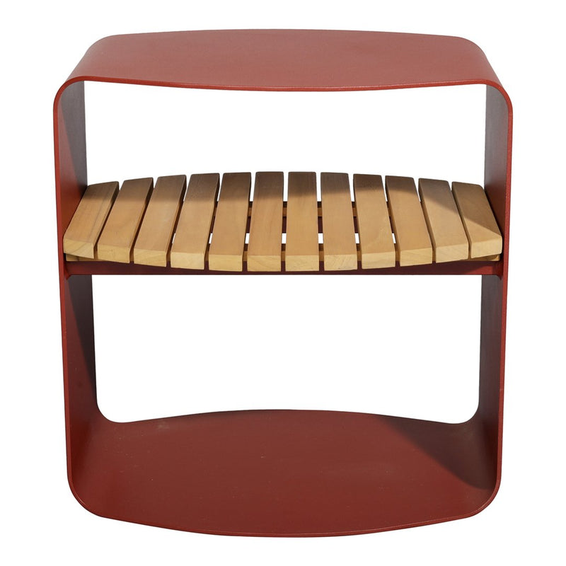 Red metal side table with a slatted wooden shelf, showcasing a modern design and warm color contrast.