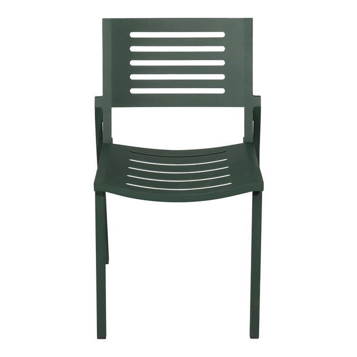 Green metal chair with horizontal slatted backrest and contoured seat design. Ideal for modern outdoor settings.