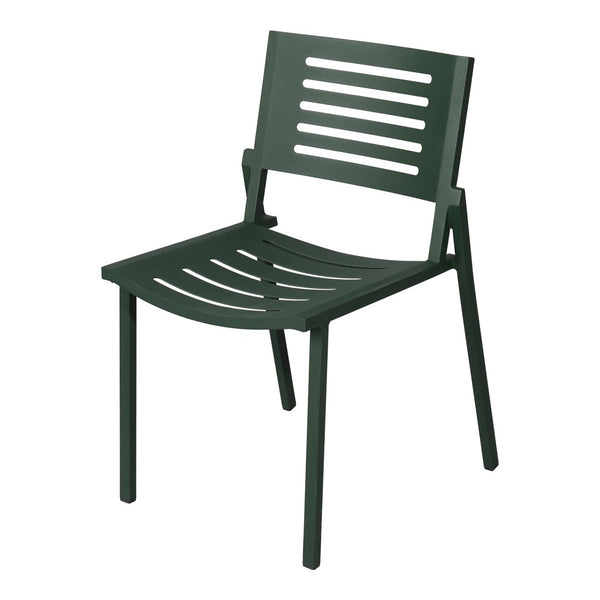 Green metal chair with a slatted back and curved seat design, perfect for outdoor or casual indoor settings.
