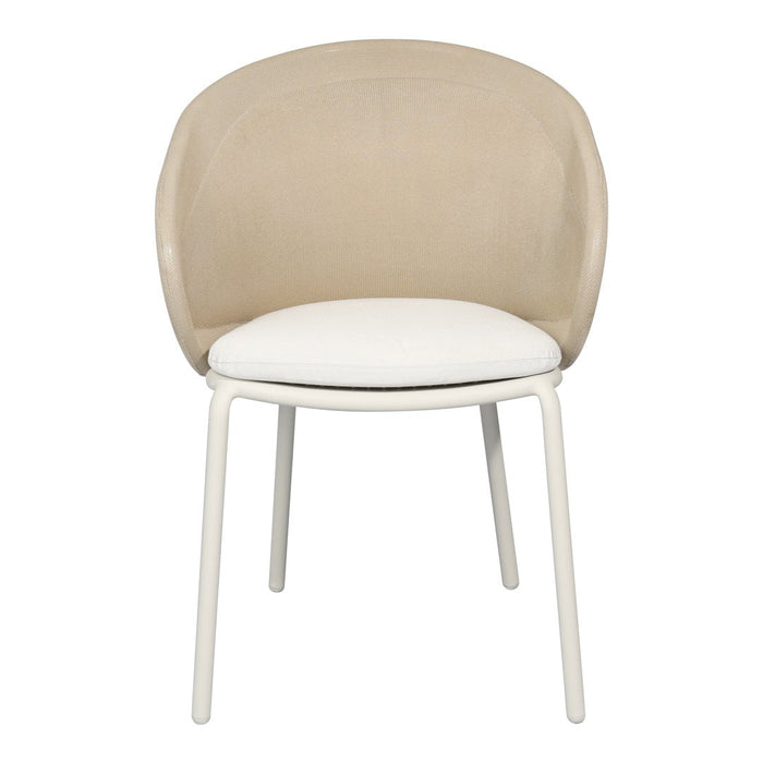 Beige upholstered chair with a white seat and light metal legs. Modern design with smooth textures and subtle patterns.