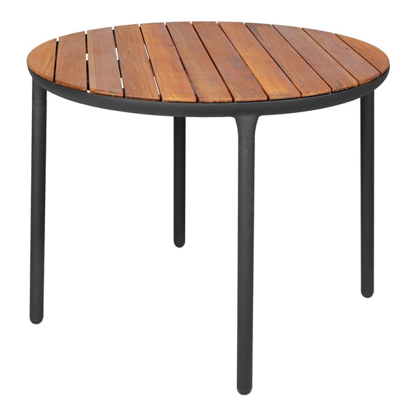 Round wooden table with a slatted brown top and sleek black metal legs, perfect for modern outdoor spaces.