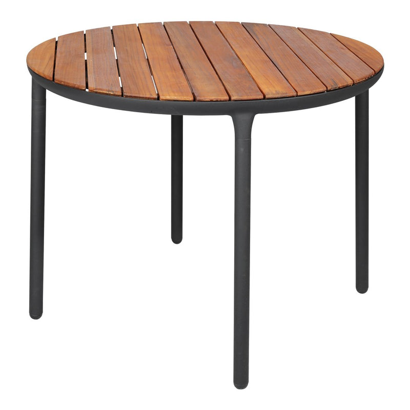 Round wooden table with a slatted brown top and sleek black metal legs, perfect for modern outdoor spaces.