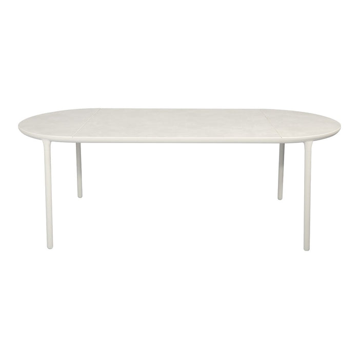 Light gray oval dining table with smooth surface and simple legs in a minimalist style. Perfect for modern decor.