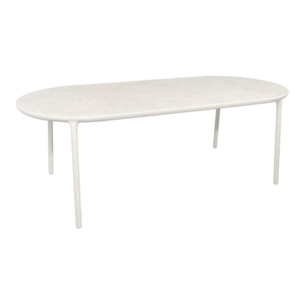 Oval white dining table with a smooth surface and slender legs, perfect for modern minimalist decor.