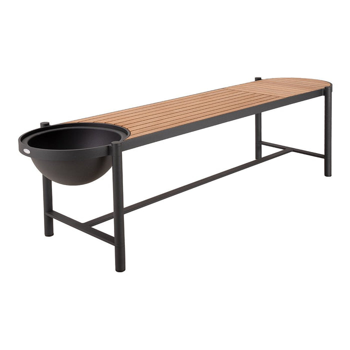 "Modern bench showcasing natural wood slats with a sleek black metal frame and round planter design."
