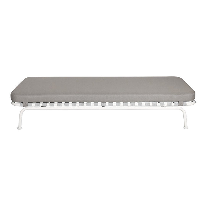 Gray cushion on a white metal frame with a minimalist design, perfect for modern outdoor settings.