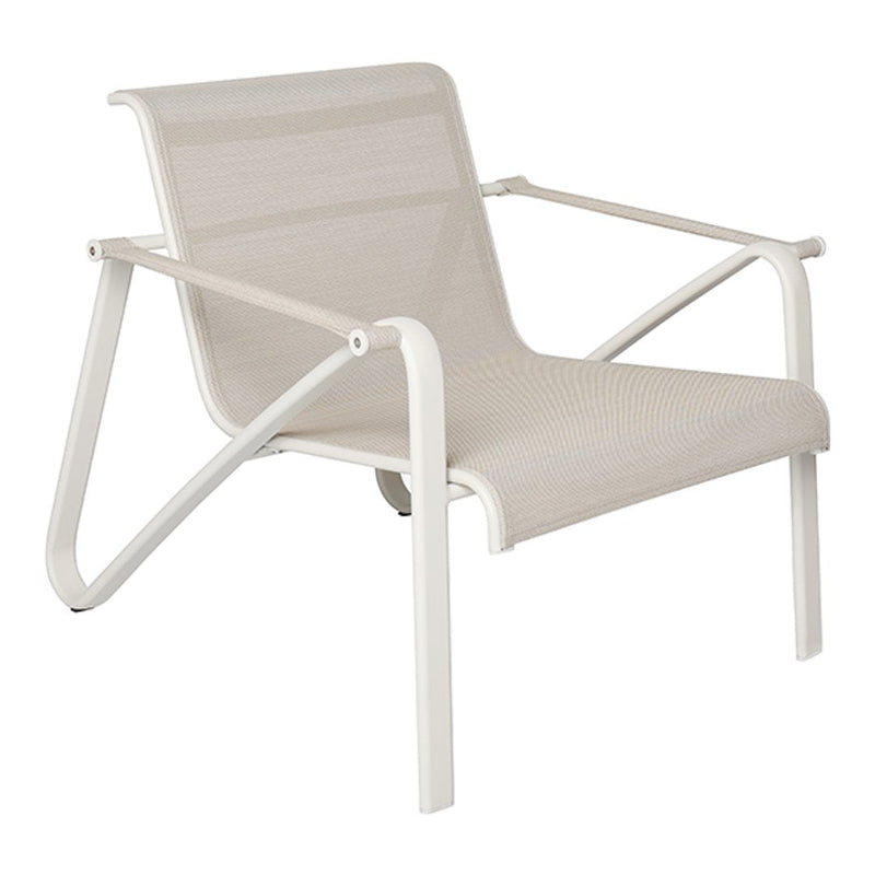 Light beige lounge chair with a sleek white frame and minimalist design, featuring a solid mesh pattern.