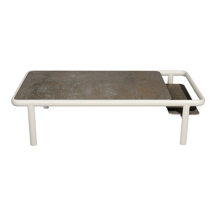 Modern coffee table with a sleek white frame and a textured dark gray top for a minimalist aesthetic.