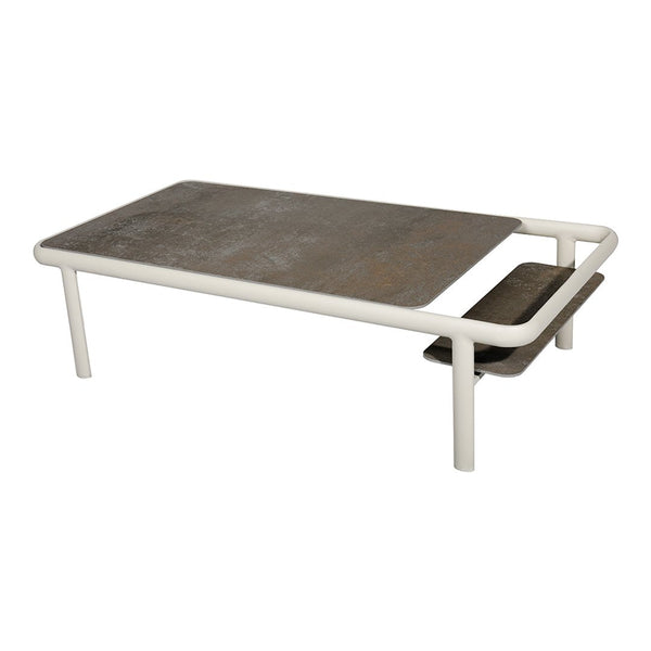 White and grey coffee table with a minimalist design and sleek, modern lines. Flat surface with subtle texture.